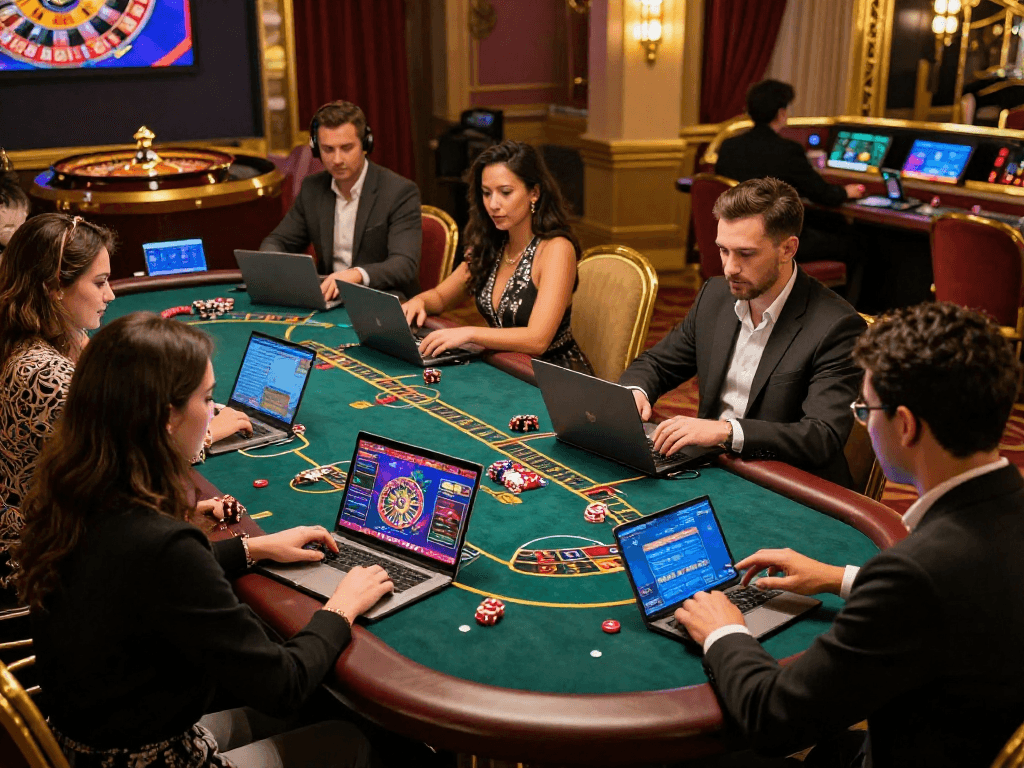 Engaging Mb66 online casino experience, lively players with laptops and mobile devices in a virtual casino setting.